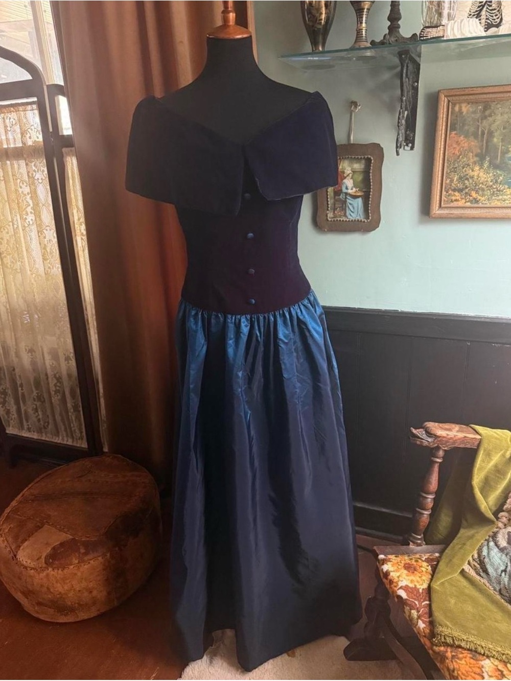 Vintage Two-Tone Navy and Teal Off-Shoulder Dress